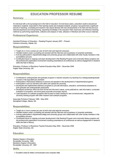 Education Professor Resume Example