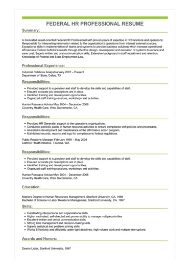 federal human resources specialist resume