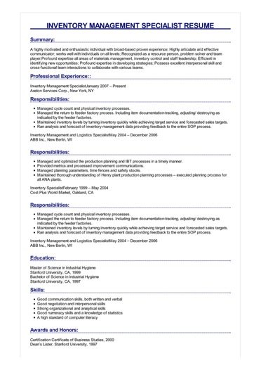 Sample Inventory Management Specialist Resume