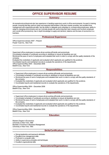 Sample Office Supervisor Resume