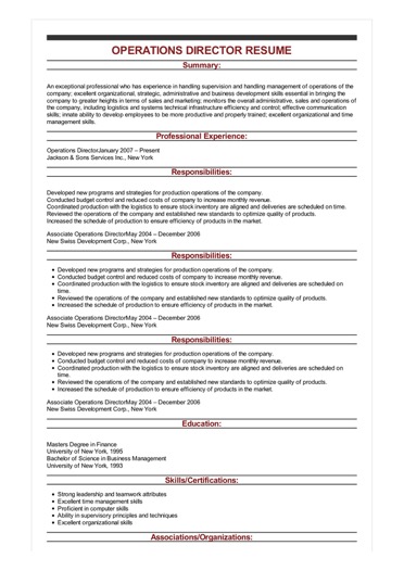 Sample Operations Director Resume