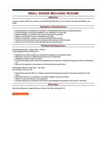 Sample Small Engine Mechanic Resume